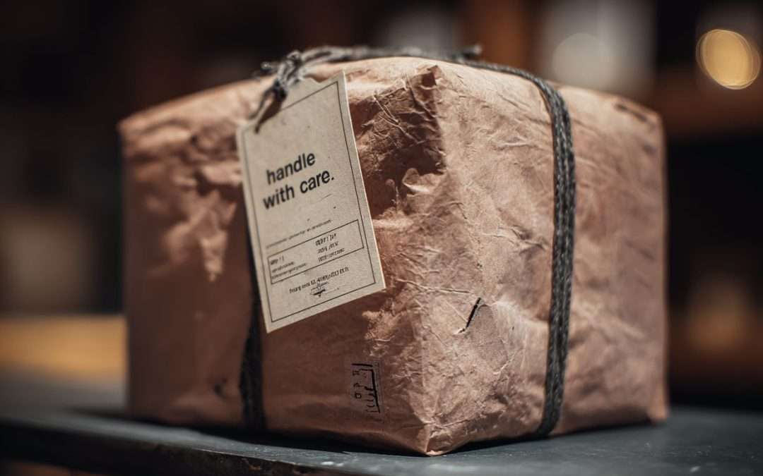 A beautiful, tightly wrapped gift box sitting on a shelf—unopened, with a small tag that reads “Handle with care.” The wrapping is pristine, but a faint tear is visible underneath, just barely peeking out from one corner.